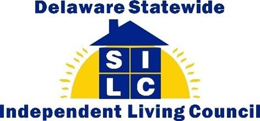 This is the logo for the SILC. It shows a cartoon image of a blue house with the sun rising behind it. The words, Delaware Statewide, are written above the house. Below it the words Independent Living Council are written. The house, which is divided into four blocks, has the letters SILC.