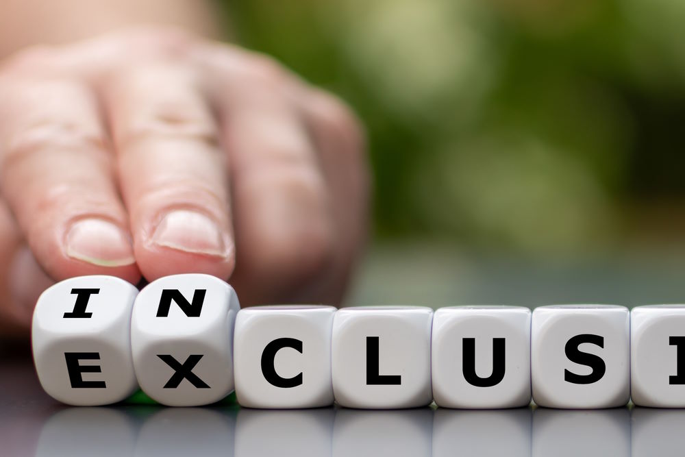 The picture above shows dice. The dice spells out the word inclusion versus exclusion.