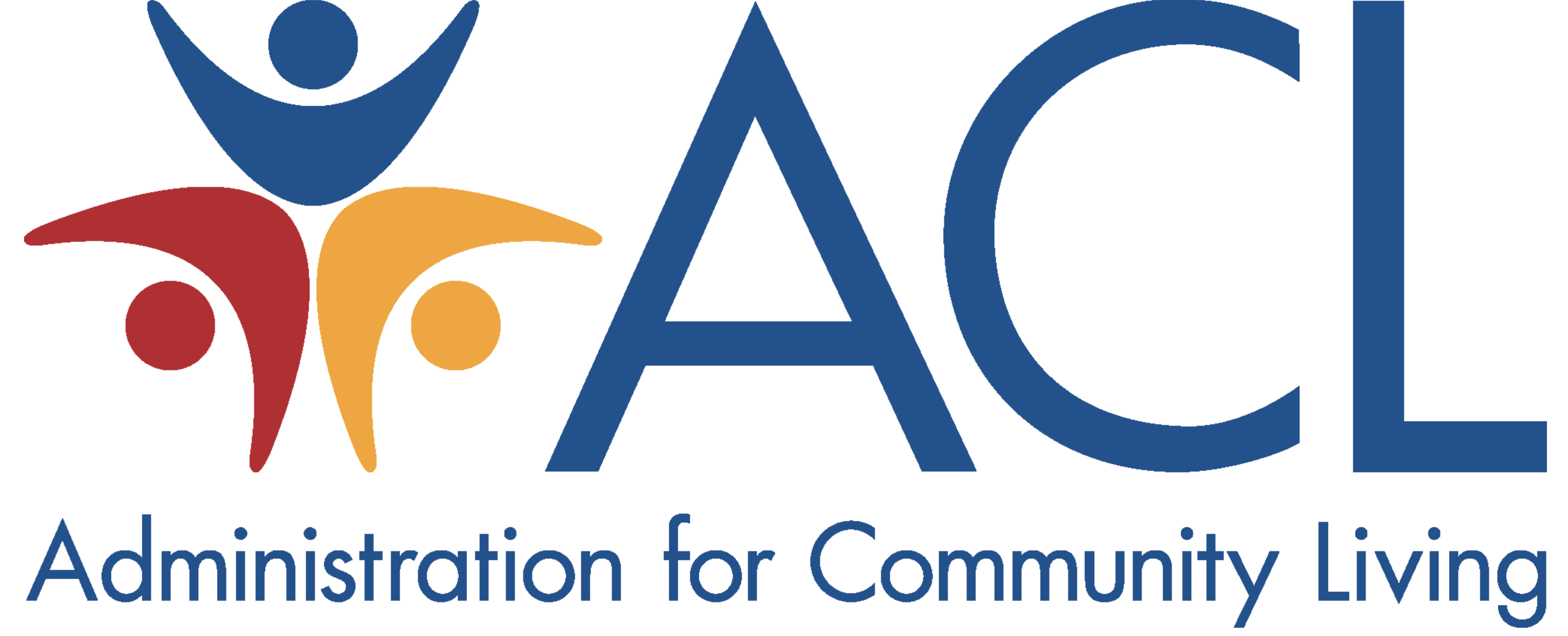 This is the ACL logo, it's created with three boomerang shapes with three circles, they look like the upper body and head of a person. One is red, one blue and the other one yellow. Next to them the letters ACL in blue. Under it the words Administration for Community Living.