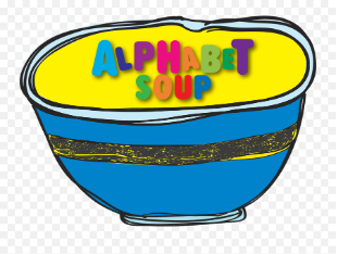 This picture is a drawing of a bowl and inside of it the words ALPHABET SOUP formed by colorful letters